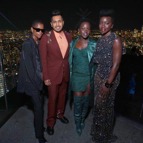 NEW YORK, NEW YORK - NOVEMBER 01: (L-R)  Letitia Wright, Tenoch Huerta Mejía, Lupita Nyong'o and Danai Gurira attend the Black Panther: Wakanda Forever NY New York premiere after-party at Peak Restaurant at Edge Hudson Yards on November 01, 2022 in New York City. (Photo by Kevin Mazur/Getty Images for Disney)