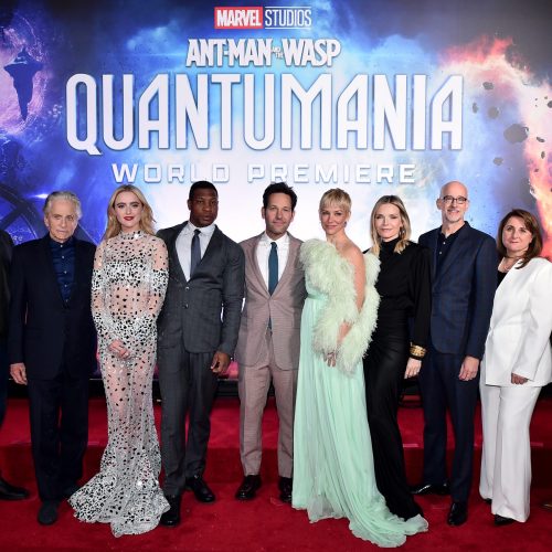 LOS ANGELES, CALIFORNIA - FEBRUARY 06: (L-R) Producer and Marvel Studios President and Marvel CCO Kevin Feige, Michael Douglas, Kathryn Newton, Jonathan Majors, Paul Rudd, Evangeline Lilly, Michelle Pfeiffer, Director Peyton Reed, Executive Producer and Executive VP of Production Marvel Studios Victoria Alonso, and Producer Stephen Broussard attend the Ant-Man and The Wasp Quantumania world premiere at Regency Village Theatre in Westwood, California on February 06, 2023. (Photo by Alberto E. Rodriguez/Getty Images for Disney)